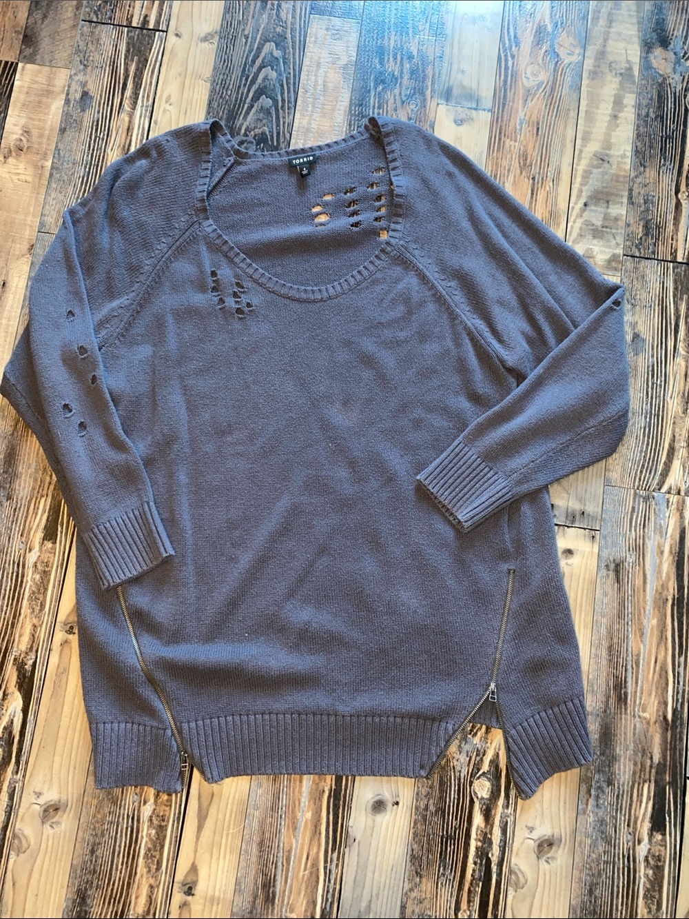 torrid Charcoal Distressed Scoop-Neck Sweater with Side Zips